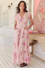 JAASE - Carmen Maxi Dress: Butterfly Cap Sleeve Button Down A Line Dress with Lace Trim in Blushing Fields Print