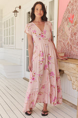 JAASE - Carmen Maxi Dress: Butterfly Cap Sleeve Button Down A Line Dress with Lace Trim in Blushing Fields Print