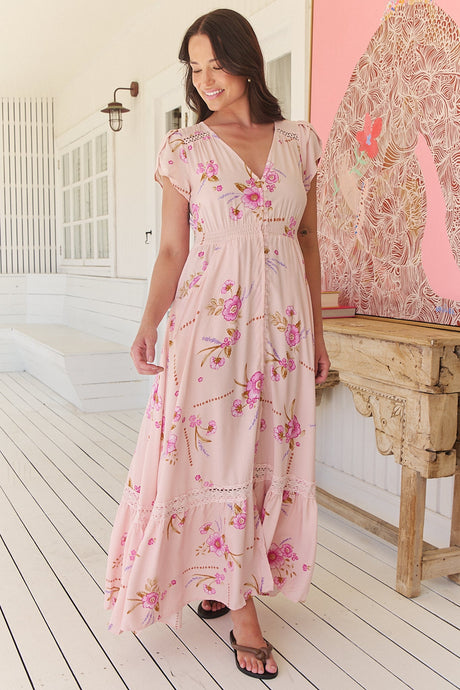 JAASE - Carmen Maxi Dress: Butterfly Cap Sleeve Button Down A Line Dress with Lace Trim in Blushing Fields Print