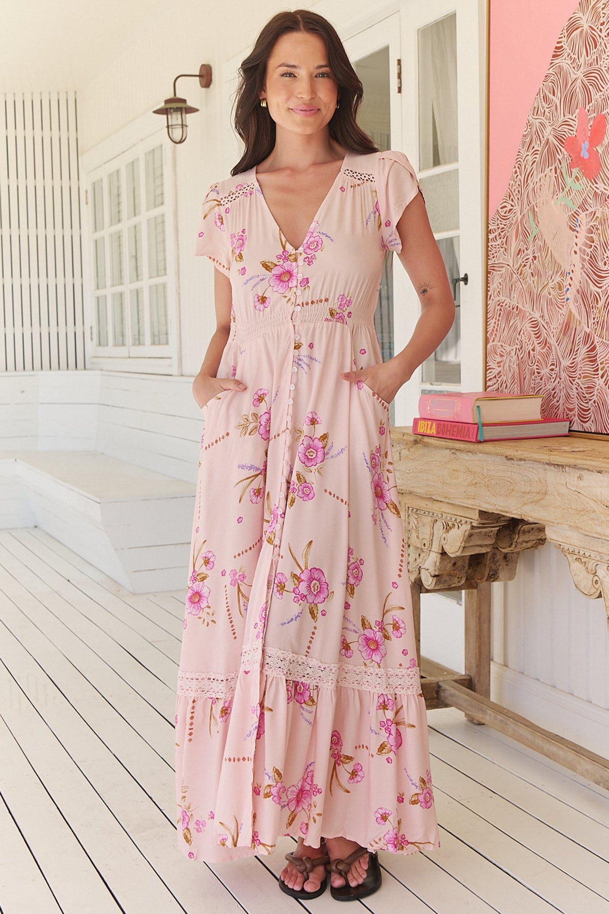 Carmen Maxi Dress Butterfly Cap Sleeve Button Down Line Dress Lace Trim Blushing Fields Print