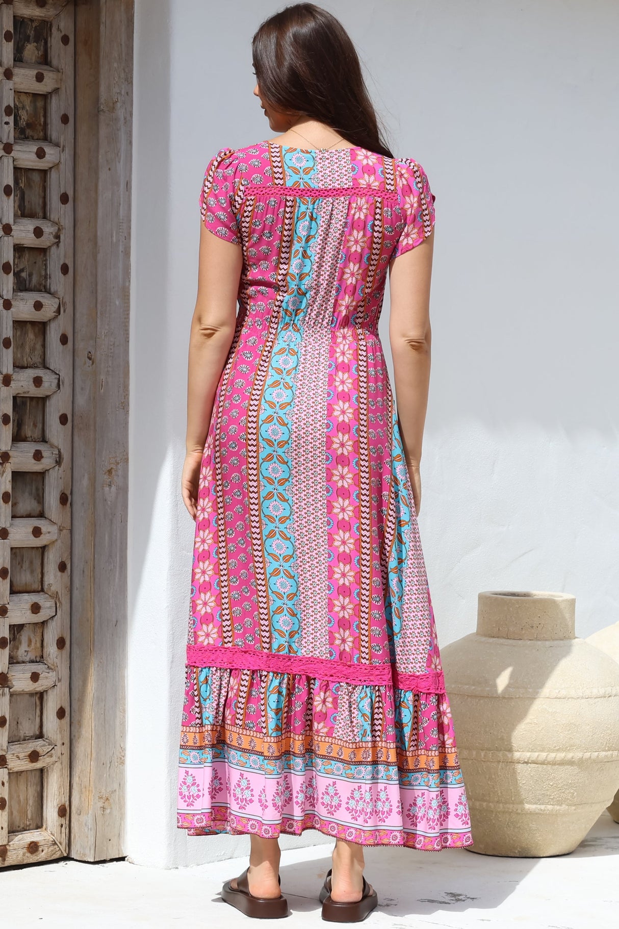 JAASE - Carmen Maxi Dress: Butterfly Cap Sleeve Button Down A Line Dress with Lace Trim in Cedella Print