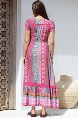 JAASE - Carmen Maxi Dress: Butterfly Cap Sleeve Button Down A Line Dress with Lace Trim in Cedella Print