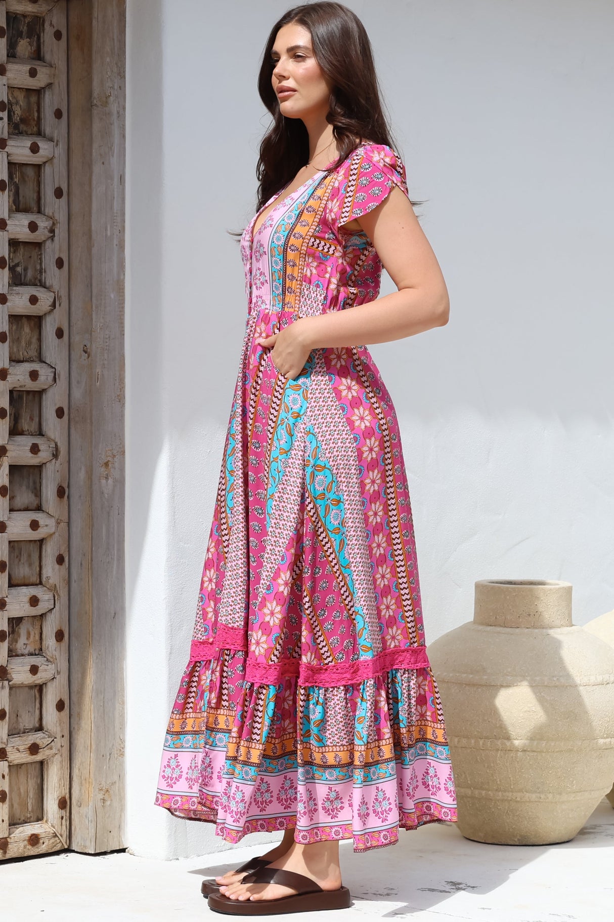 JAASE - Carmen Maxi Dress: Butterfly Cap Sleeve Button Down A Line Dress with Lace Trim in Cedella Print