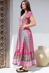 JAASE - Carmen Maxi Dress: Butterfly Cap Sleeve Button Down A Line Dress with Lace Trim in Cedella Print