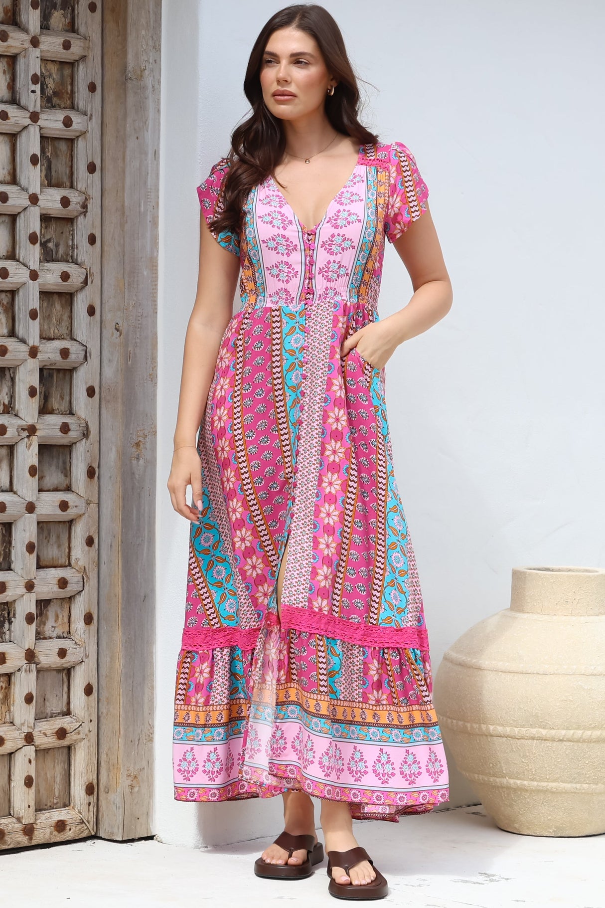 JAASE - Carmen Maxi Dress: Butterfly Cap Sleeve Button Down A Line Dress with Lace Trim in Cedella Print
