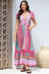 JAASE - Carmen Maxi Dress: Butterfly Cap Sleeve Button Down A Line Dress with Lace Trim in Cedella Print