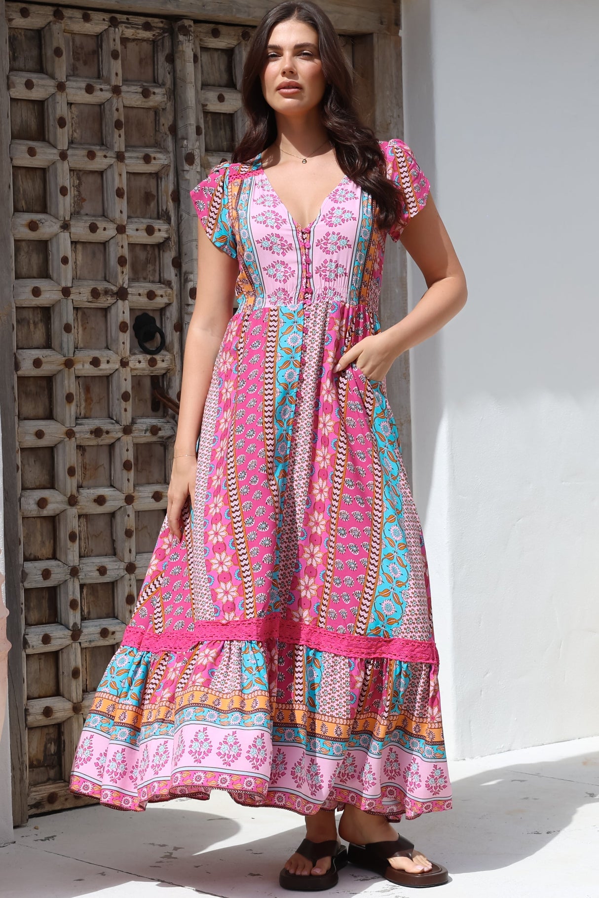 JAASE - Carmen Maxi Dress: Butterfly Cap Sleeve Button Down A Line Dress with Lace Trim in Cedella Print