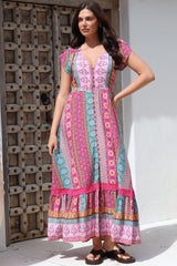 JAASE - Carmen Maxi Dress: Butterfly Cap Sleeve Button Down A Line Dress with Lace Trim in Cedella Print