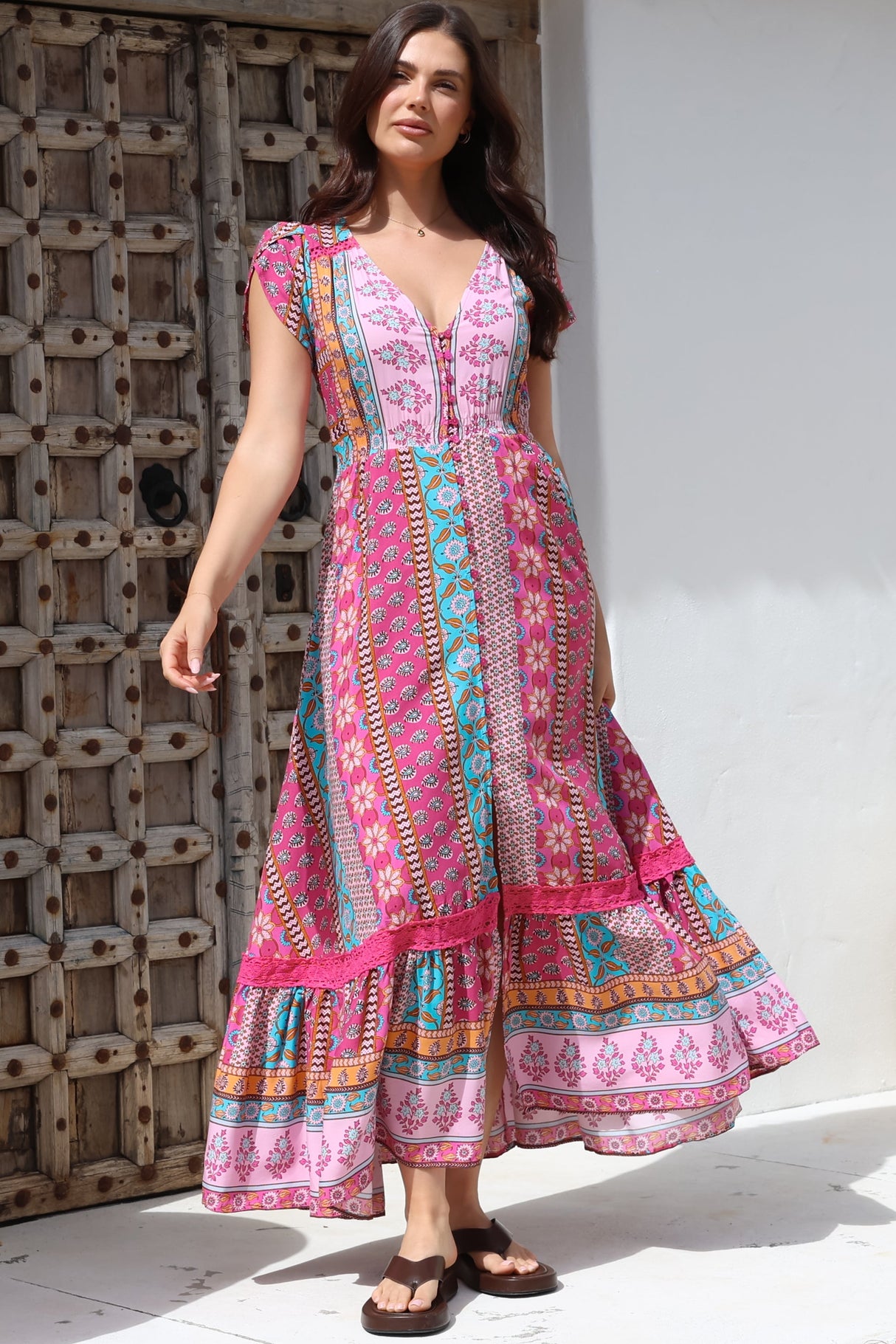 JAASE - Carmen Maxi Dress: Butterfly Cap Sleeve Button Down A Line Dress with Lace Trim in Cedella Print