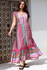 JAASE - Carmen Maxi Dress: Butterfly Cap Sleeve Button Down A Line Dress with Lace Trim in Cedella Print