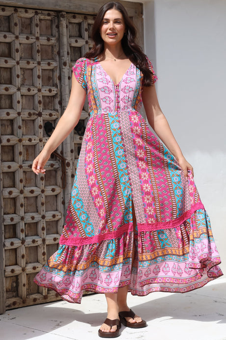 JAASE - Carmen Maxi Dress: Butterfly Cap Sleeve Button Down A Line Dress with Lace Trim in Cedella Print