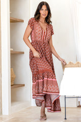 JAASE - Carmen Maxi Dress: Butterfly Cap Sleeve Button Down A Line Dress with Lace Trim in Coral Eden Print