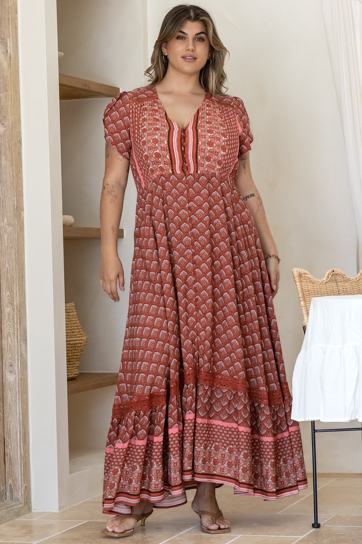 JAASE - Carmen Maxi Dress: Butterfly Cap Sleeve Button Down A Line Dress with Lace Trim in Coral Eden Print