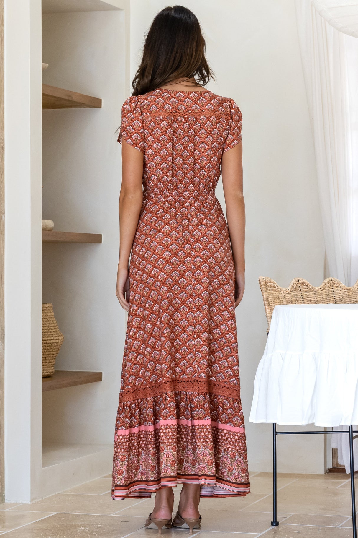 JAASE - Carmen Maxi Dress: Butterfly Cap Sleeve Button Down A Line Dress with Lace Trim in Coral Eden Print