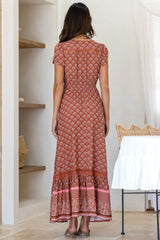 JAASE - Carmen Maxi Dress: Butterfly Cap Sleeve Button Down A Line Dress with Lace Trim in Coral Eden Print