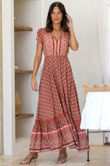 JAASE - Carmen Maxi Dress: Butterfly Cap Sleeve Button Down A Line Dress with Lace Trim in Coral Eden Print