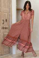 JAASE - Carmen Maxi Dress: Butterfly Cap Sleeve Button Down A Line Dress with Lace Trim in Coral Eden Print