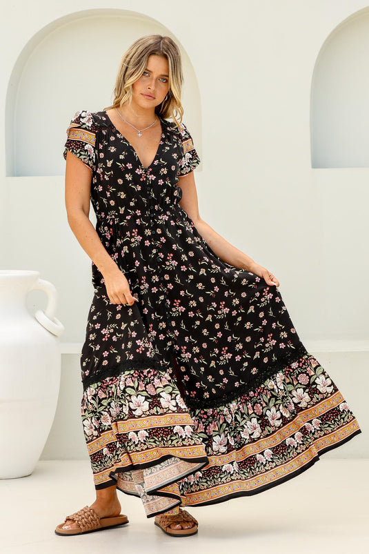 JAASE - Carmen Maxi Dress: Butterfly Cap Sleeve Button Down A Line Dress with Lace Trim in Eternity Print