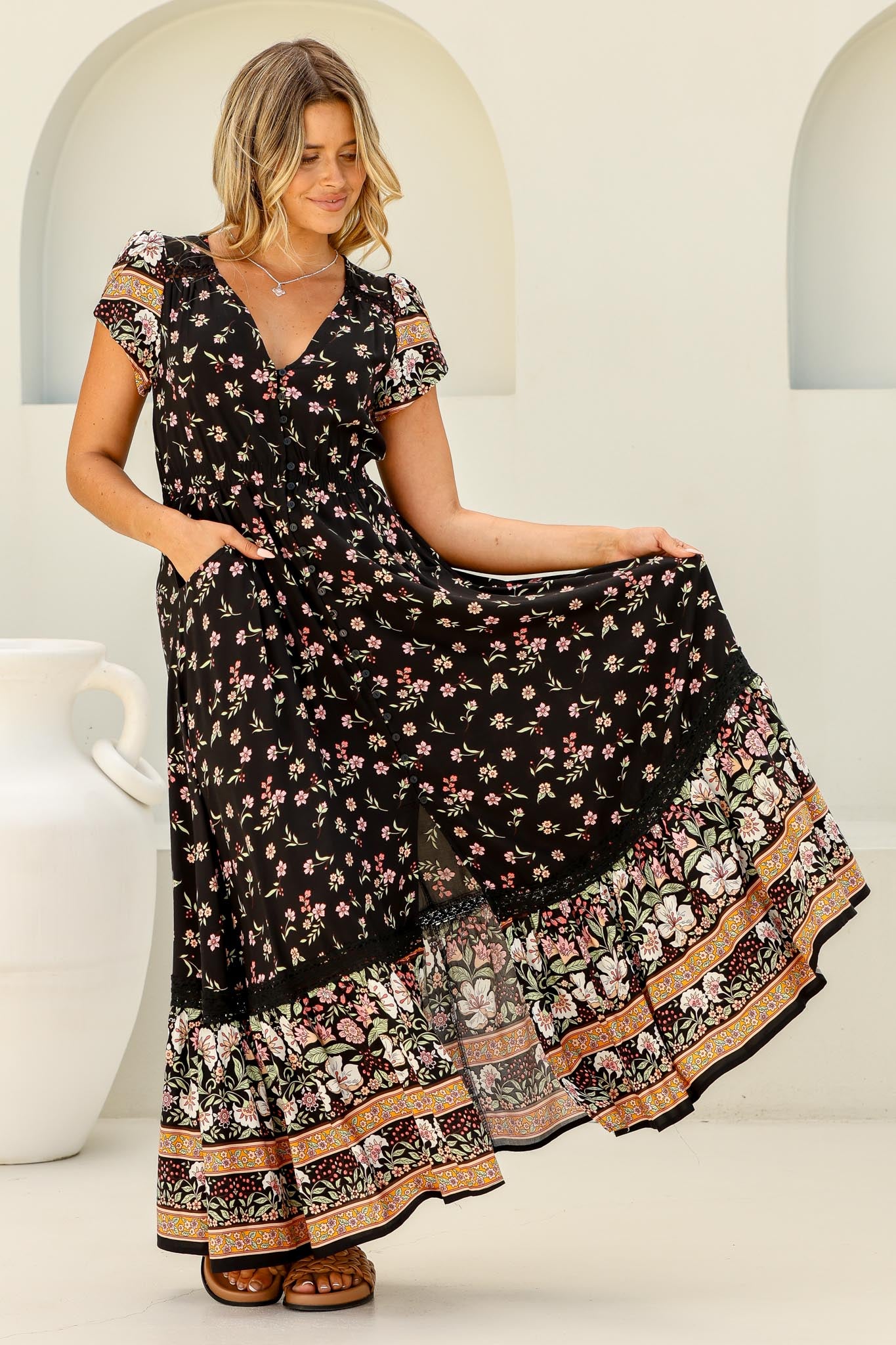 JAASE - Carmen Maxi Dress: Butterfly Cap Sleeve Button Down A Line Dress with Lace Trim in Eternity Print