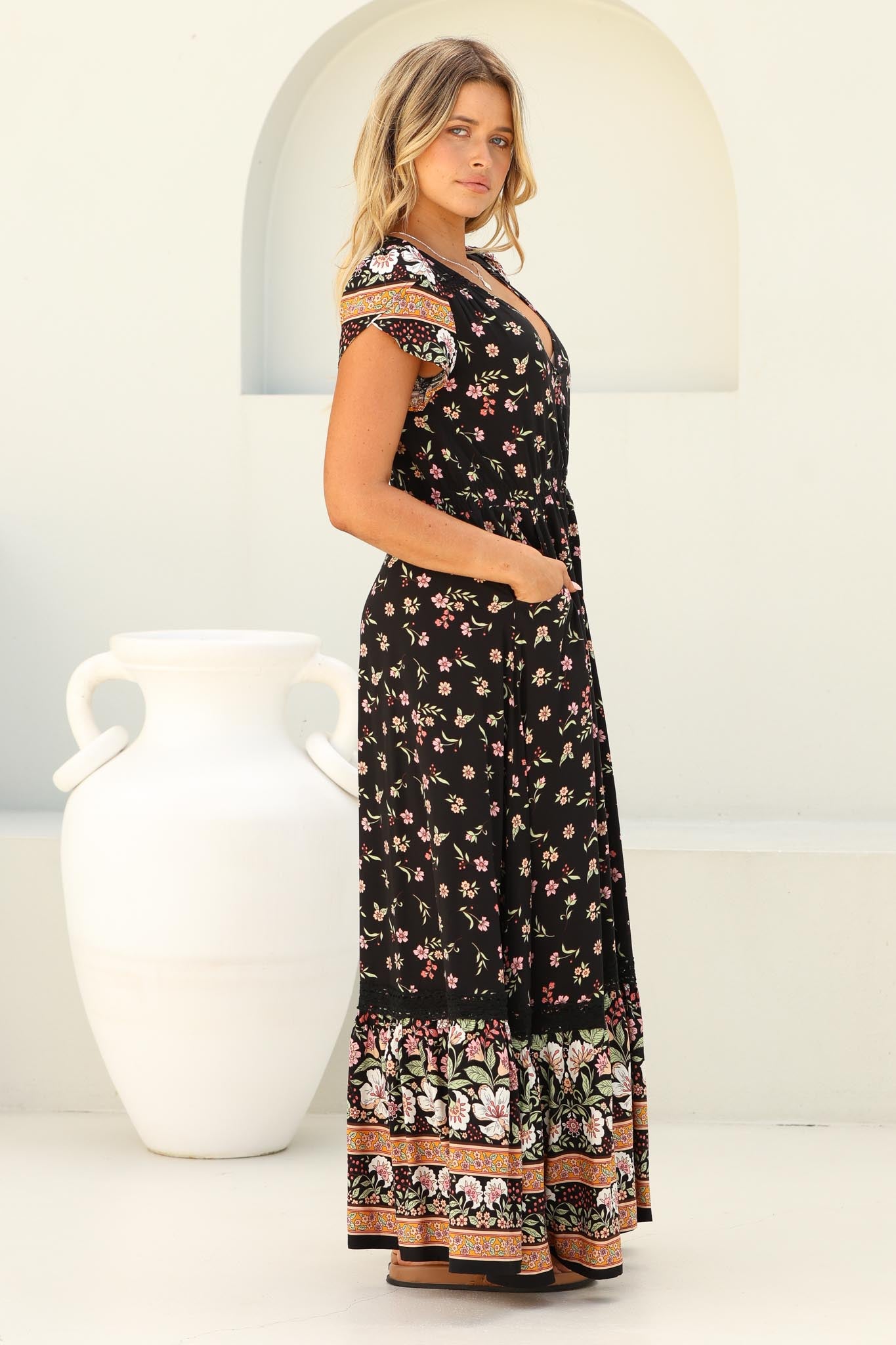 JAASE - Carmen Maxi Dress: Butterfly Cap Sleeve Button Down A Line Dress with Lace Trim in Eternity Print