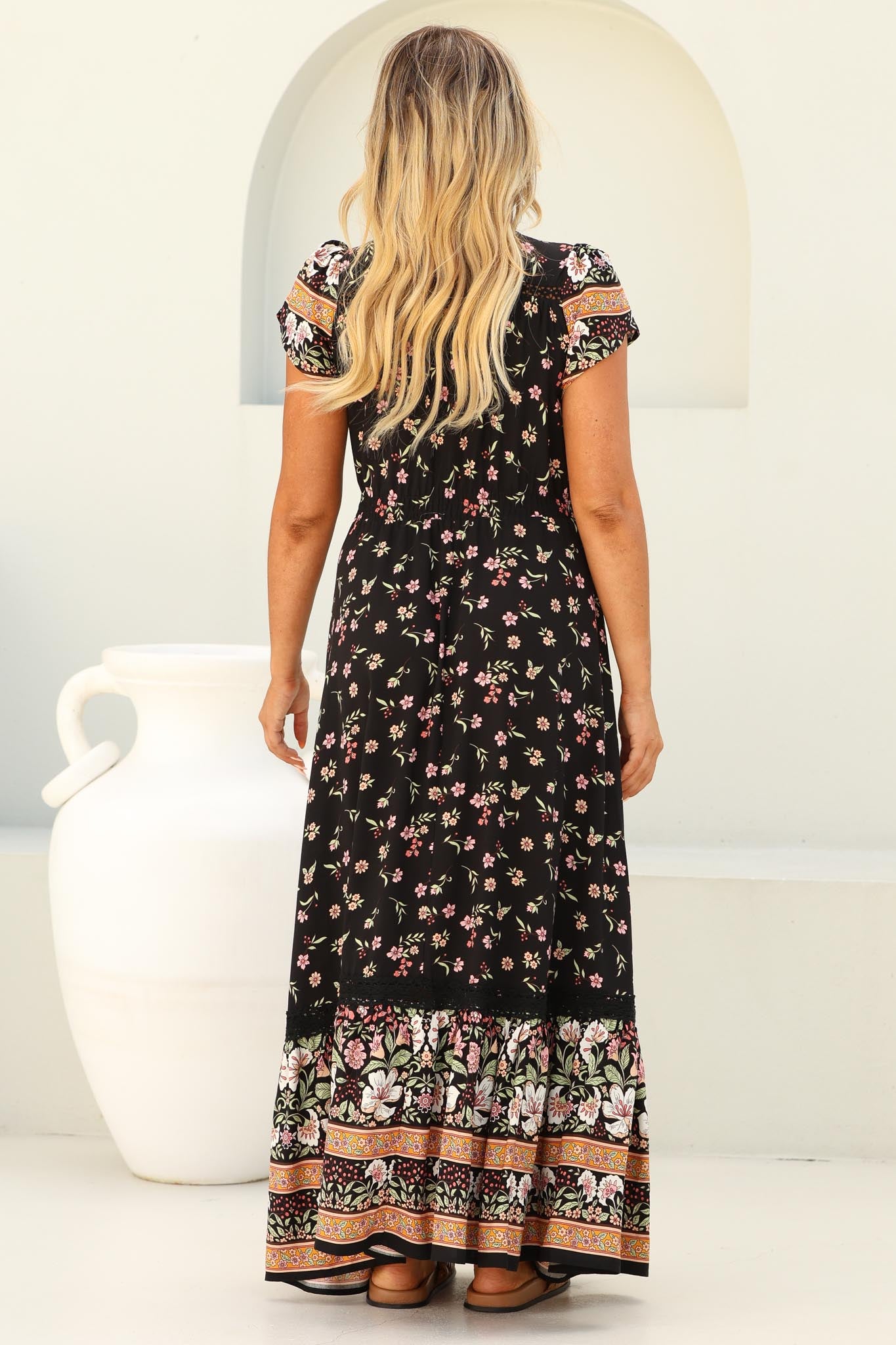 JAASE - Carmen Maxi Dress: Butterfly Cap Sleeve Button Down A Line Dress with Lace Trim in Eternity Print