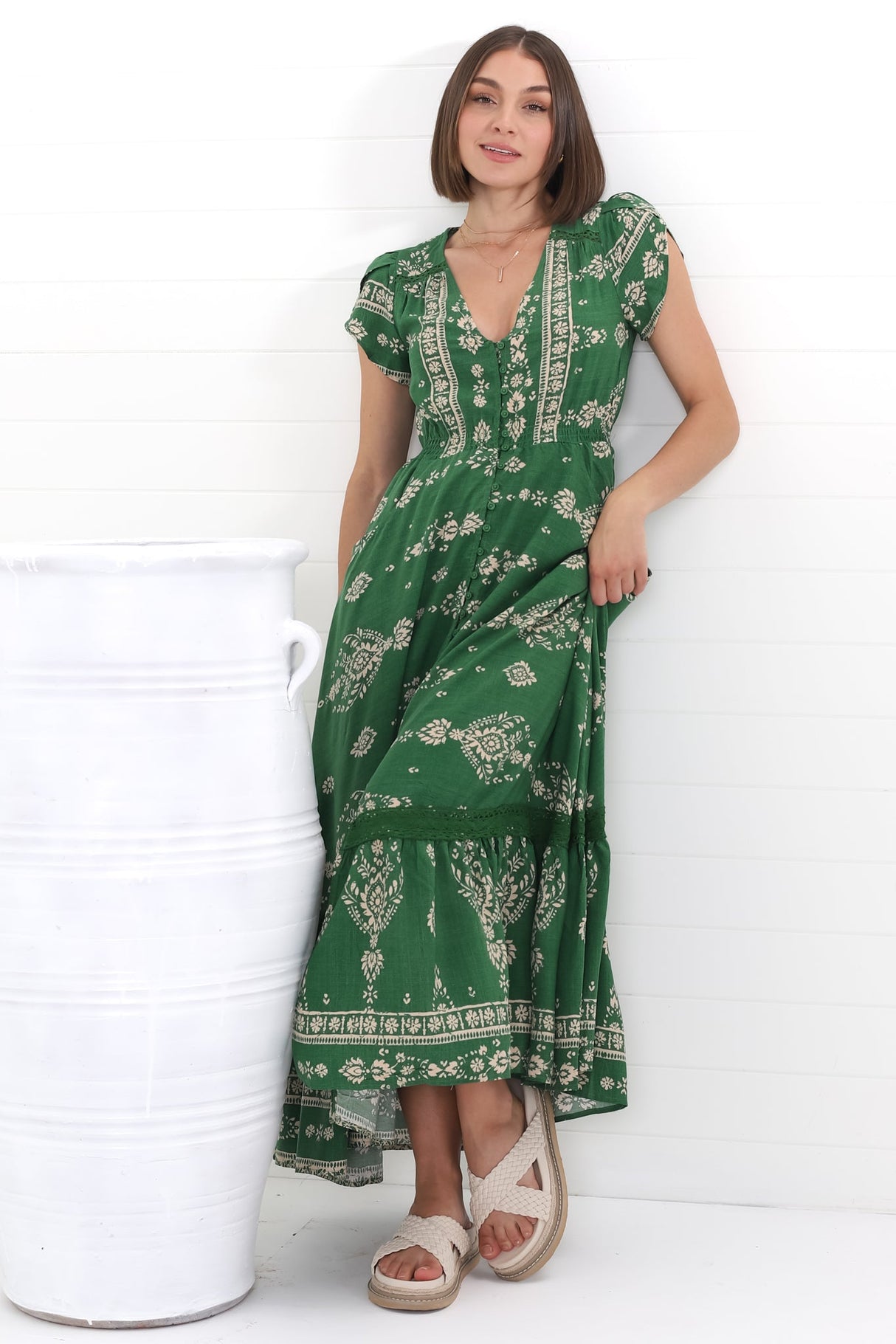 JAASE - Carmen Maxi Dress: Butterfly Cap Sleeve Button Down A Line Dress with Lace Trim in Kiva