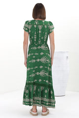 JAASE - Carmen Maxi Dress: Butterfly Cap Sleeve Button Down A Line Dress with Lace Trim in Kiva