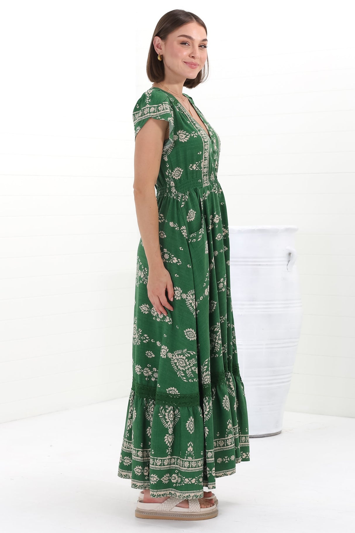 JAASE - Carmen Maxi Dress: Butterfly Cap Sleeve Button Down A Line Dress with Lace Trim in Kiva