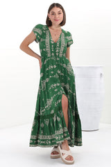 JAASE - Carmen Maxi Dress: Butterfly Cap Sleeve Button Down A Line Dress with Lace Trim in Kiva