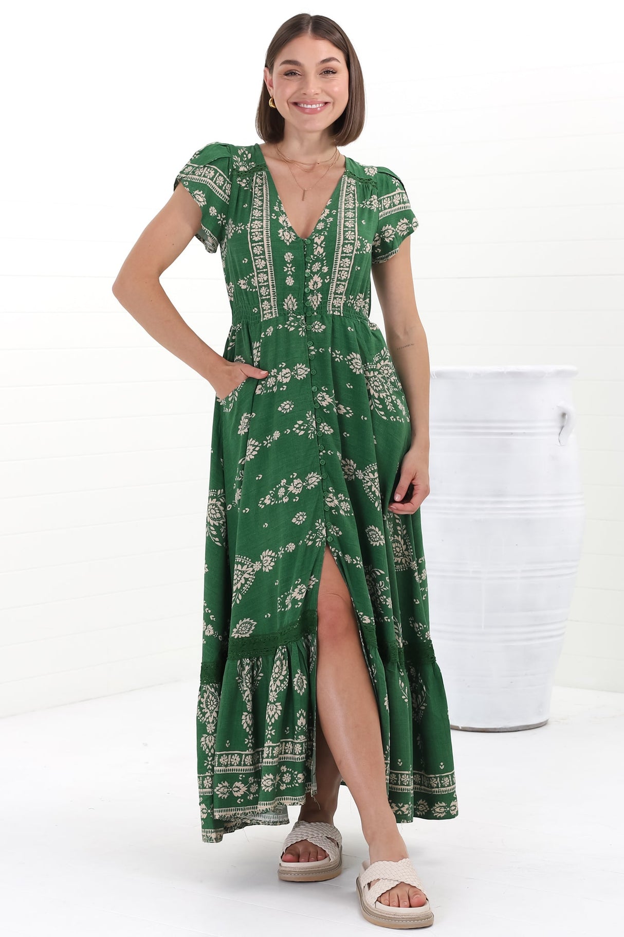 JAASE - Carmen Maxi Dress: Butterfly Cap Sleeve Button Down A Line Dress with Lace Trim in Kiva