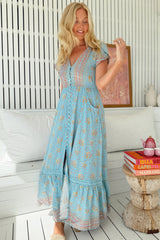JAASE - Carmen Maxi Dress: Butterfly Cap Sleeve Button Down A Line Dress with Lace Trim in Laguna Fleur Print
