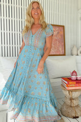 JAASE - Carmen Maxi Dress: Butterfly Cap Sleeve Button Down A Line Dress with Lace Trim in Laguna Fleur Print