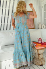 JAASE - Carmen Maxi Dress: Butterfly Cap Sleeve Button Down A Line Dress with Lace Trim in Laguna Fleur Print
