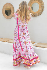 JAASE - Carmen Maxi Dress: Butterfly Cap Sleeve Button Down A Line Dress with Lace Trim in Lost Tribe Print