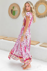 JAASE - Carmen Maxi Dress: Butterfly Cap Sleeve Button Down A Line Dress with Lace Trim in Lost Tribe Print