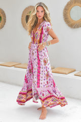 JAASE - Carmen Maxi Dress: Butterfly Cap Sleeve Button Down A Line Dress with Lace Trim in Lost Tribe Print