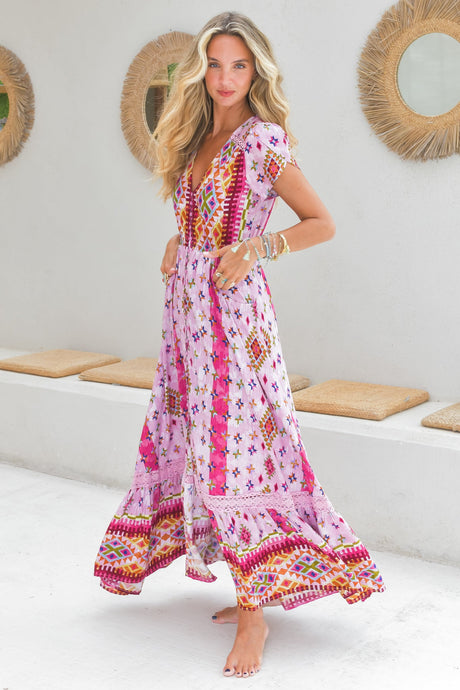 JAASE - Carmen Maxi Dress: Butterfly Cap Sleeve Button Down A Line Dress with Lace Trim in Lost Tribe Print