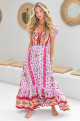 JAASE - Carmen Maxi Dress: Butterfly Cap Sleeve Button Down A Line Dress with Lace Trim in Lost Tribe Print