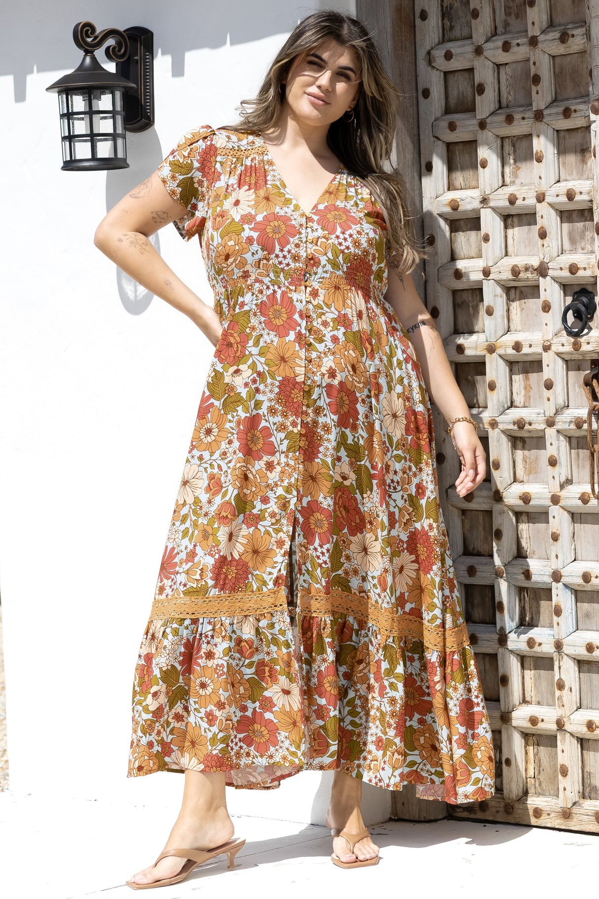 JAASE - Carmen Maxi Dress: Butterfly Cap Sleeve Button Down A Line Dress with Lace Trim in Mimosa Print