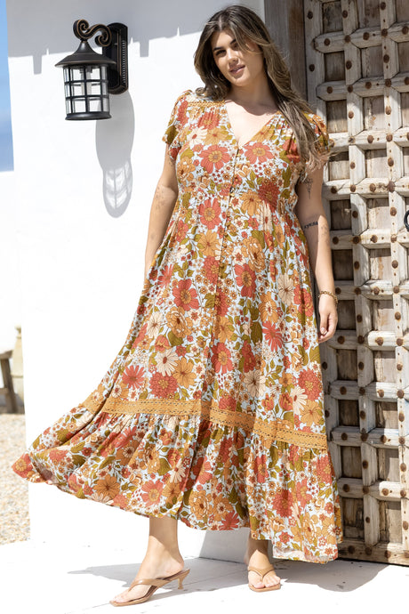 JAASE - Carmen Maxi Dress: Butterfly Cap Sleeve Button Down A Line Dress with Lace Trim in Mimosa Print