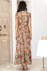JAASE - Carmen Maxi Dress: Butterfly Cap Sleeve Button Down A Line Dress with Lace Trim in Mimosa Print
