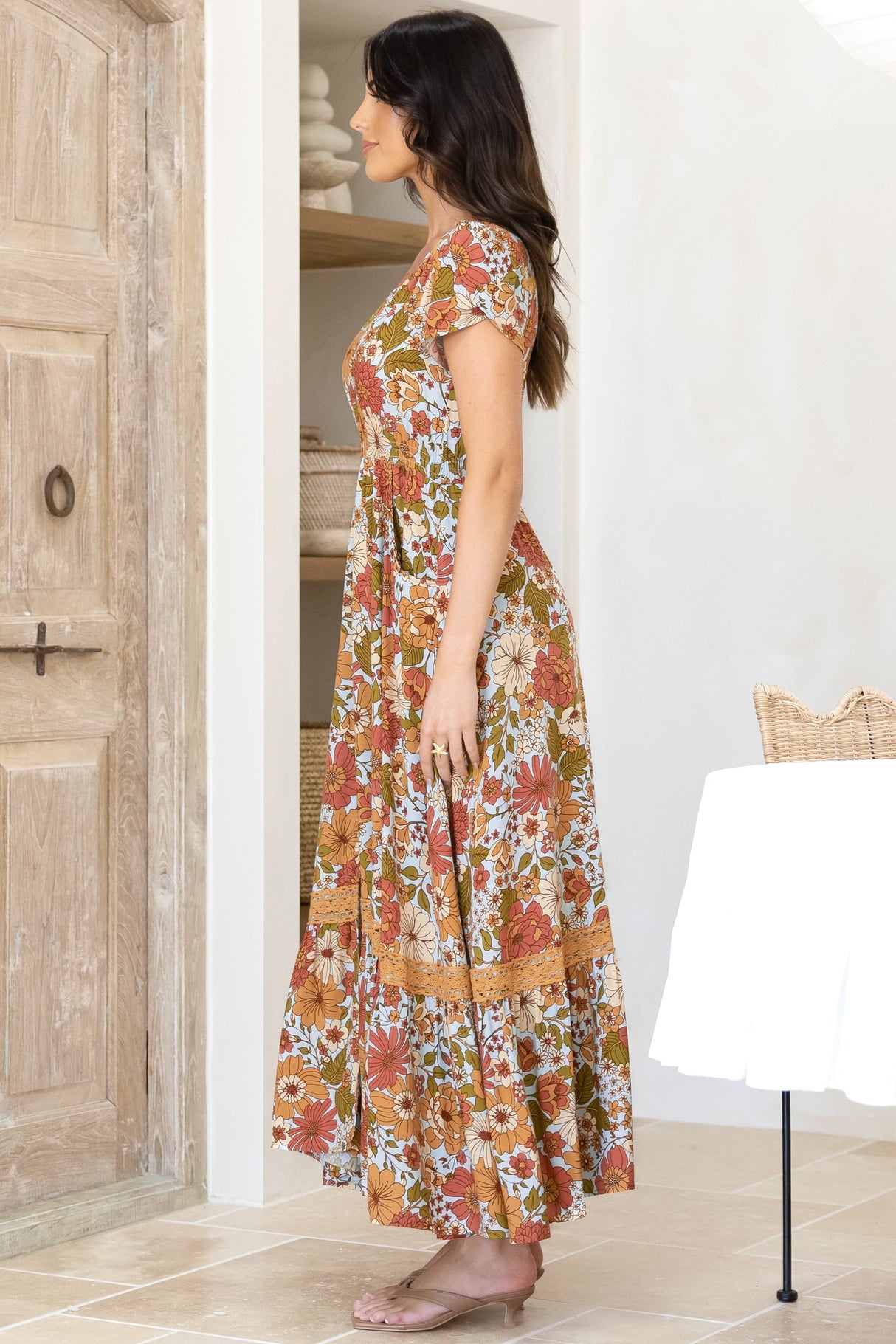 JAASE - Carmen Maxi Dress: Butterfly Cap Sleeve Button Down A Line Dress with Lace Trim in Mimosa Print
