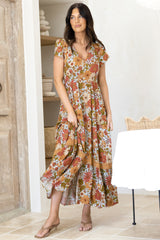 JAASE - Carmen Maxi Dress: Butterfly Cap Sleeve Button Down A Line Dress with Lace Trim in Mimosa Print