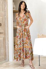 JAASE - Carmen Maxi Dress: Butterfly Cap Sleeve Button Down A Line Dress with Lace Trim in Mimosa Print