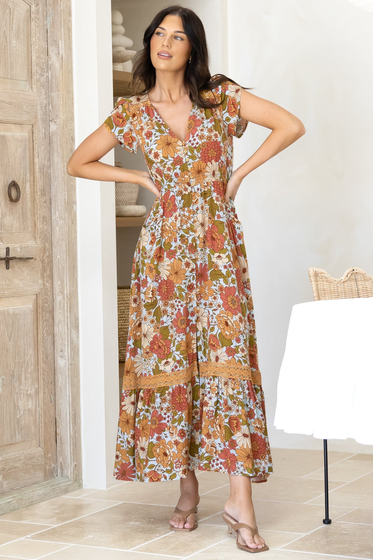 JAASE - Carmen Maxi Dress: Butterfly Cap Sleeve Button Down A Line Dress with Lace Trim in Mimosa Print