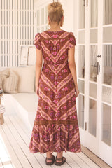 Carmen Maxi Dress - Butterfly Cap Sleeve Button Down A Line Dress with Lace Trim in Savanna Print