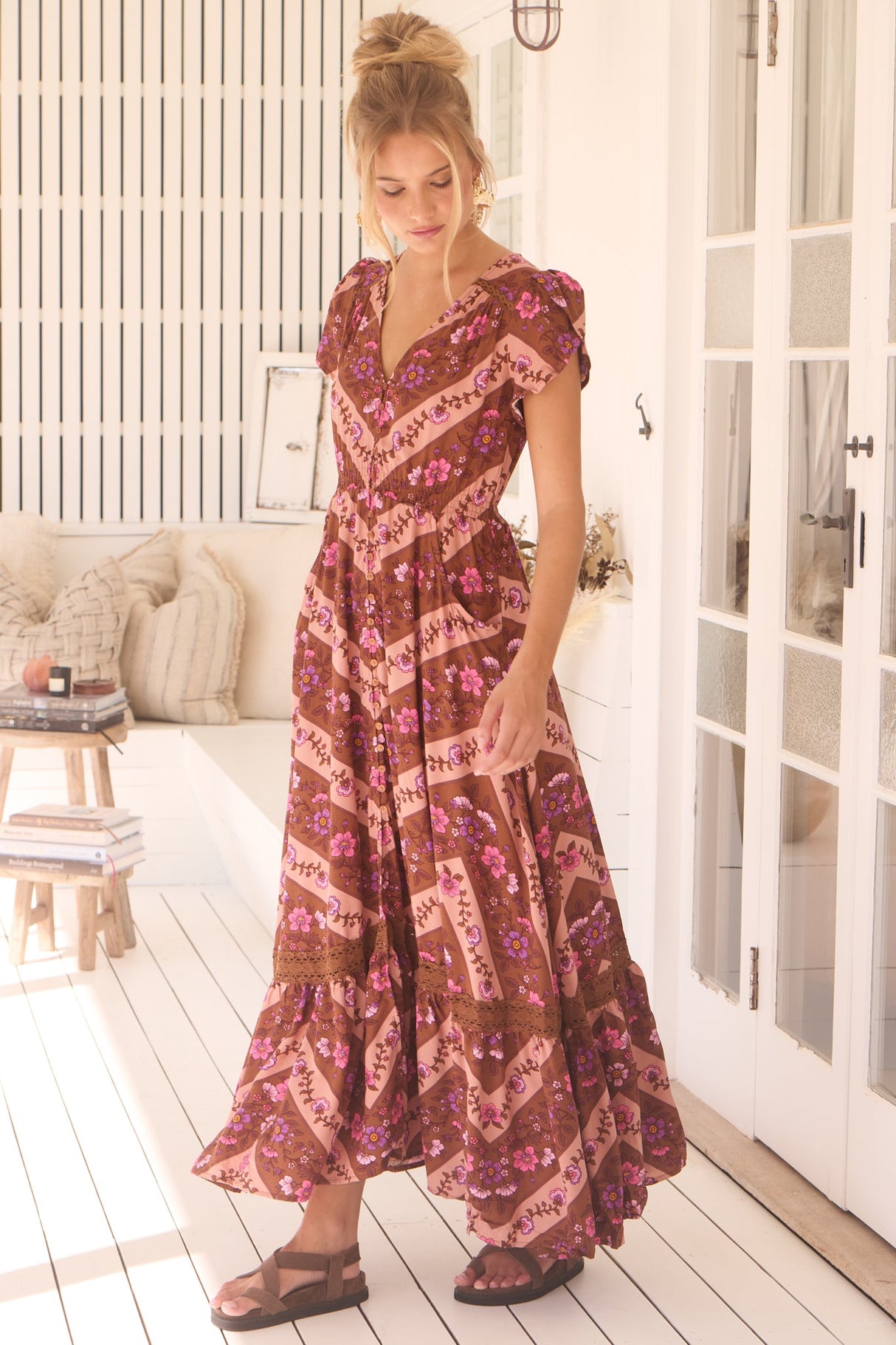 JAASE - Carmen Maxi Dress: Butterfly Cap Sleeve Button Down A Line Dress with Lace Trim in Savanna Print