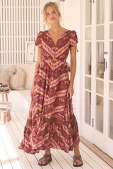 JAASE - Carmen Maxi Dress: Butterfly Cap Sleeve Button Down A Line Dress with Lace Trim in Savanna Print