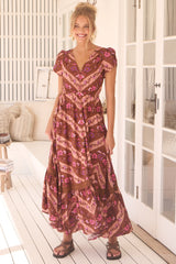 Carmen Maxi Dress - Butterfly Cap Sleeve Button Down A Line Dress with Lace Trim in Savanna Print