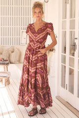 Carmen Maxi Dress - Butterfly Cap Sleeve Button Down A Line Dress with Lace Trim in Savanna Print